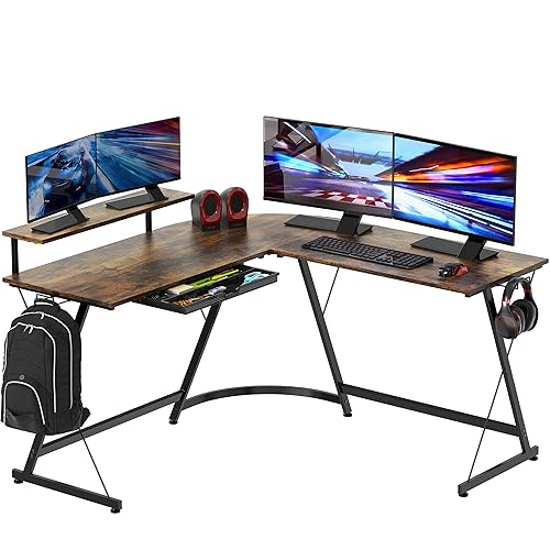 SHW Bureau Vista L avec tiroir pour Support d'écran, Marron Rustique - En forme de L - Brun Rustique