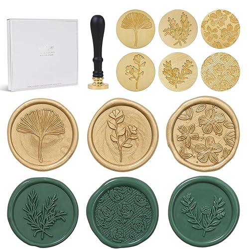 UNIQOOO 6 Pcs Wax Seal Stamp Set, Floral Stamps Botanical Sealing Stamper Kit, Wooden Handle with Brass Head for Wedding Greeting Cards Gift - Botanical Stamp Kit