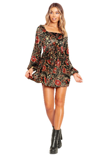 Ho-Oh Wallpaper Velvet Squared Up Bishop Skater Dress | M / Red