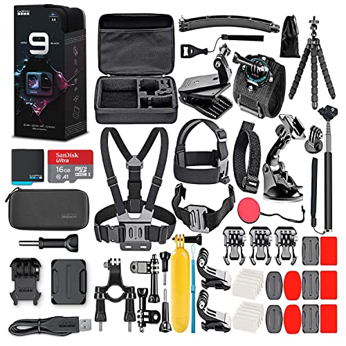 GoPro HERO9 Black - Waterproof Action Camera with Front LCD, Touch Rear Screens, 5K Video, 20MP Photos, 1080p Live Streaming, Stabilization + 16GB Card and 50 Piece Accessory Kit - Action Kit