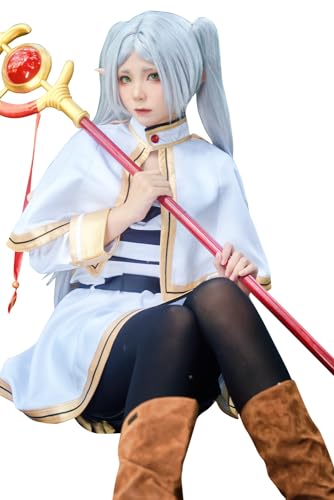 brehiay Anime Cosplay Elf Dress with Wig Fern Costume Wizard Skirt Halloween - X-Large - White+wigears