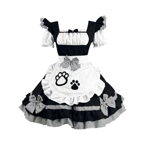 Maid Outfits for Women Sweet Kawaii Lolita Dresses Japanese Anime Cosplay Costumes Dog Paw Bow Ruffle Mini Dress - Black - 5X-Large