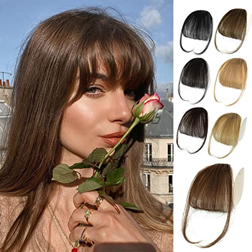 100% Human Hair Bangs Clip in Hair Extensions, Medium Brown Clip on Bangs Wispy Bangs Fringe with Temples Hairpieces for Women Curved Bangs for Daily Wear - Wispy Bangs - Medium Brown