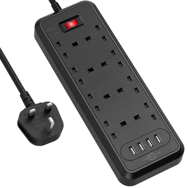 Surge Protected Extension Lead with USB Slots, KEPLUG 8 Way Plug Extension with 4 USB, Black Multi Plug Power Strip 2M Extension Cable, 1050J, 3250W/13A UK Power Socket Extension Cord for Home Office