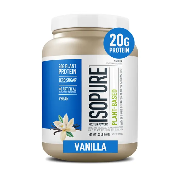 Vanilla Vegan Protein Powder from Isopure, with Monk Fruit Sweetener & Amino Acids, Post Workout Recovery, Sugar Free, Plant Based, Organic Pea Protein, Dairy Free, 22 Servings (Packaging May Vary) - 1.23 Pound (Pack of 1)