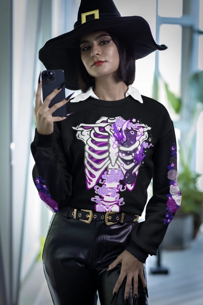 Asexual Subtle Pride Ribcage Sweatshirt | Ace Flag Sweater, Ace Pride Cat Shirt, LGBTQ Skeleton Sweatshirt, Pastel Goth Clothing