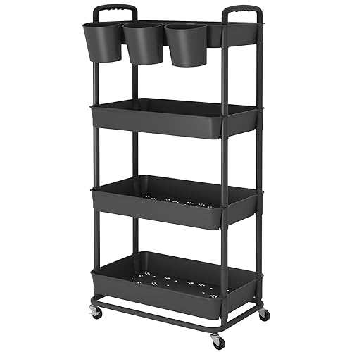 JIUYOTREE Chariot de Rangement à 4 Niveaux, roulettes en Plastique verrouillables, poignées, gobelets Suspendus supplémentaires, pour Salon, Salle de Bain, Cuisine, Bureau, Noir - Noir - 4-Tier