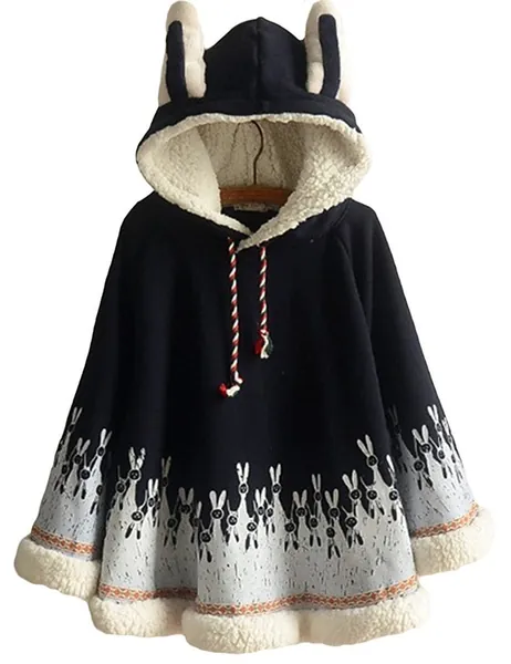 Aza Boutique Women's Cute Cotton Blend Rabbit Ears Hooded Cape, 4_Navy_Fleece, OS -