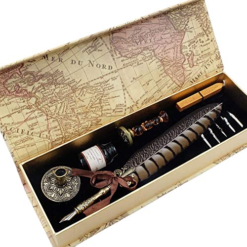 GC QUILL Antique Quill Pen Unique Half-Patterned Feather Pen Set with 6 Nibs 1 Bottle of Ink 1 Seal Stamp 1 Pen Holder 1 Sealing Wax LL-149