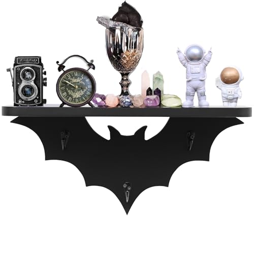 HZYSLYJ Bat Shelf Floating Black Wall Shelves for Bedroom-Halloween Wall Decor, Goth Room Decor-Black Hanging Shelves with 3 Key Hooks