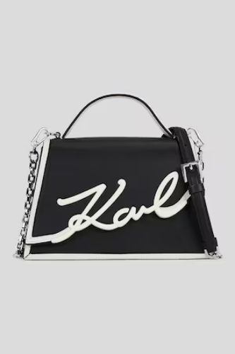 Karl Lagerfeld, Geanta crossbody de piele Signature, Alb, Negru stins - eMAG.ro