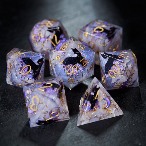 Mystery Purple Noblewoman Black Cat Resin DnD D&D Dice Set | Full Set