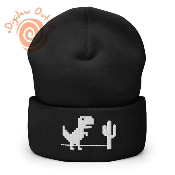 Dinosaur Game Beanie - Gamer Embroidery Beanie, Game Beanie, Cuffed Beanie Hat