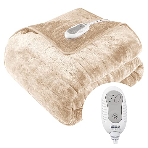 Degrees of Comfort Electric Throw Blanket Beige 50" x 60" | Lap Electric Blanket - Home, Couch | 3 Heat Settings W/ 2 Hour Auto Shut Off | Machine Washable - Plush Throw 50x60" - Beige
