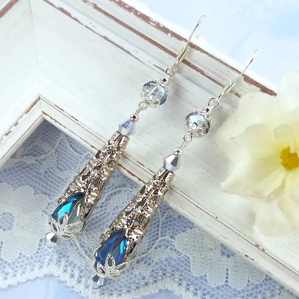 Filigree Blue Crystal Drop Earrings