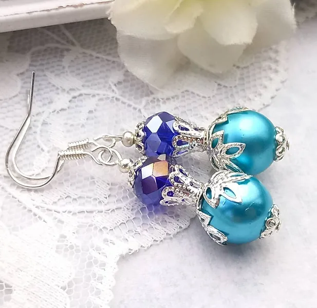 Turquoise Pearl Sea Blue Silver Earrings