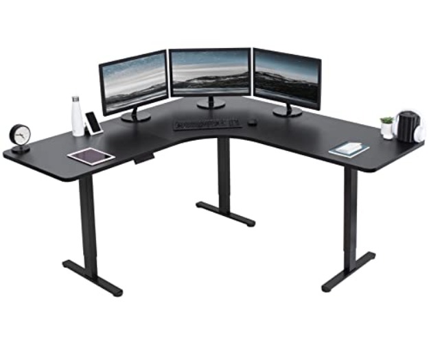 VIVO Electric Height Adjustable 71 x 71 inch Curved Corner Stand Up Desk, Black Table Top, Black Frame, Memory Controller, L-Shaped Workstation, E3C Series, DESK-KIT-E3CB2 - 71" x 71" - Black Top / Black Frame