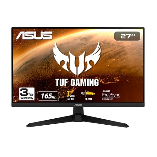 ASUS TUF Gaming 27" 1080P Monitor - Full HD, 165Hz (Supports 144Hz), 1ms, Extreme Low Motion Blur, FreeSync Premium, Shadow Boost, Eye Care, HDMI, DisplayPort, Tilt Adjustable - VG277Q1A,Black - 27" 165Hz FreeSync Premium