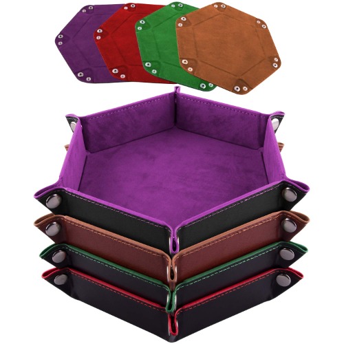 SIQUK 4 Pieces Dice Tray Dice Rolling Foldable Tray Hexagon Dice Holder Tray PU Leather Holder for Dice Games Like RPG, DND and Other Table Games, Violet, Coffee, Green and Red - Violet, Coffee, Green and Red