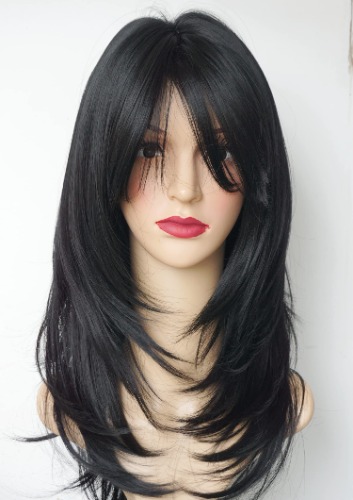 Long Black Layered Wigs Women with Bang Synthetic Wigs Flow out Curl for White Women (Black) - Black
