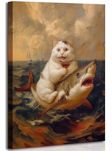 Funny Bathroom Cat Canvas Wall art Renaissance Whimsical Crazy Quirky Humor Fat Cat Riding a Shark Painting Picture Wall Decor Poster Print Artwork for Toilet Restroom Home Decoration - Canvas - 16L" x 12W"