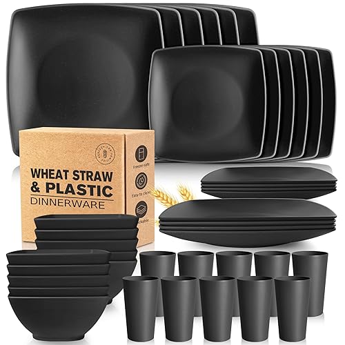Teivio 40-piece Wheat Straw Square Dinnerware Set for 10, Unbreakable Dinner Plates, Salad Plates, Snack Bowls, Tumblers 20 oz, Dishwasher Safe, Black - Black