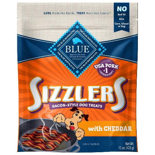 BLUE Sizzlers Bacon and Cheddar Flavor Natural, Bacon-Style Dog Treats, 15 oz.
