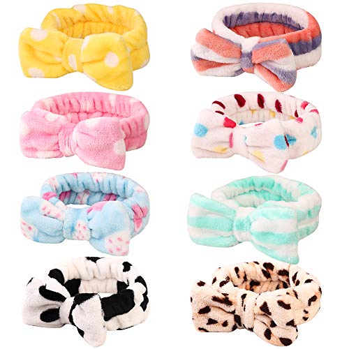 8 Pack Spa Bow Headbands, Coral Fleece Makeup Cosmetic Headband for Washing Face, Shower Terry Cloth Hair Band for Women Facial - Color A