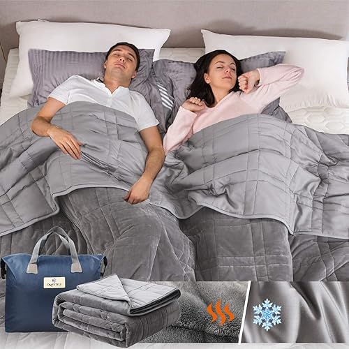 Reversible Weighted Blanket King Size 25lbs(88''x104'', All Season Use), Warm Short Plush and Cool Tencel Fabric Double-Sided Weighted Blanket California King Size for Couples - Carry Bag Included - King | 88''x104'' - 25LBS - Grey