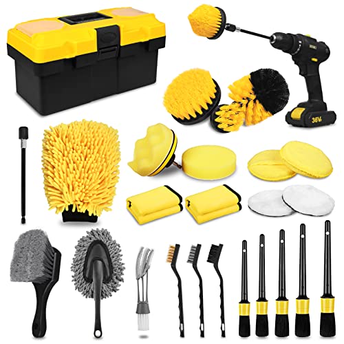 27Pcs Car Detailing Kit, Car Detailing Brush Set, Auto Detailing Drill Brush Set, Car Detailing Brushes, Car Wash Kit, Car Accessories, Car Cleaning Tools Kit for Interior, Exterior, Wheels - 27Pcs