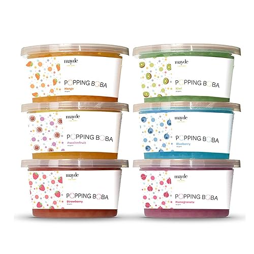 Mayde Bursting Popping Boba Pearls, Strawberry, Mango, Passion Fruit, Kiwi, Blueberry, Pomegranate - 6 Flavor Party Kit (490 gms, 6 pack) - 1 Pound (Pack of 6)