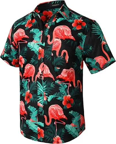 Men's Hawaiian Shirts Short Sleeve Aloha Shirt for Men Casual Button Down Tropical Hawaii Floral Shirt Summer BeachParty - Black/ Flamingo1 Large