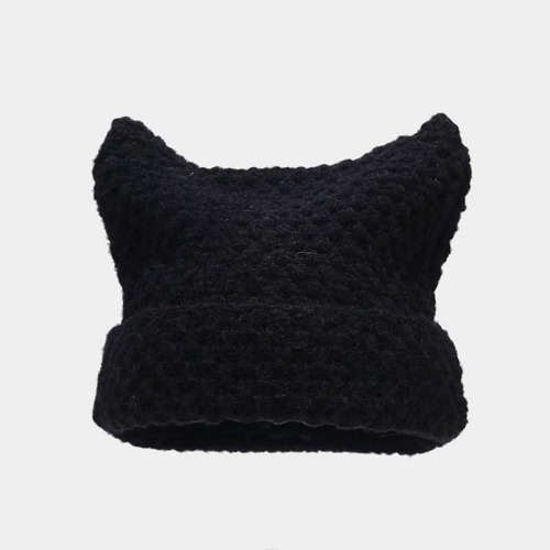 Harajuku Little Devil Striped Knitted Beanie with Cat Ears - Black / head 56-59cm