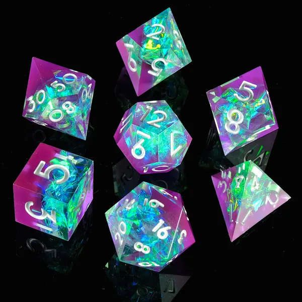 Sharp Edge DND Dice Set Handmade 7 Accessories Dice for Dungeons and Dragons TTRPG Games, Multi-Sided RPG Polyhedral Resin Sharp Edge Dice Roleplaying Games Shadowrun Pathfinder MTG(Purple Green) - Purple Green