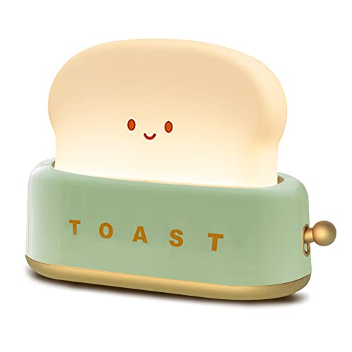 QANYI Desk Decor Toaster Lamp, Rechargeable Small Lamp with Smile Face Toast Bread Cute Toaster Shape Room Decor Night Light for Bedroom, Bedside, Living Room, Dining, Desk Decorations, Gift - Green
