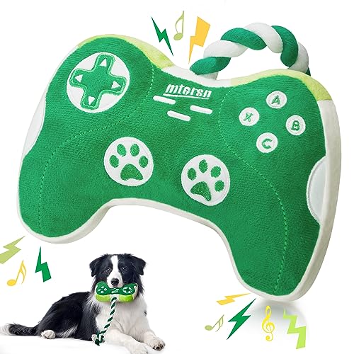 MTERSN Squeaky Dog Toys : Interactive Dog Plush Toy with Full Crinkle Paper and Cute Puppy Chew Toys with Rope - Funny Gaming Controller Shape Dog Birthday Gift (Green) - Green