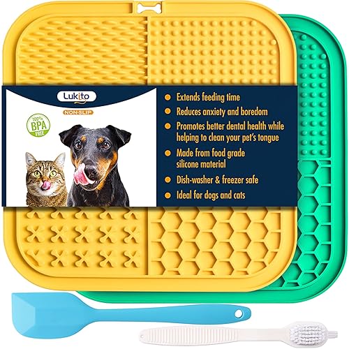 LUKITO Premium Silicone Licking Mat for Dogs & Cats, 77 Suction Cups, Slow Feeder, Boredom Reducer, Anxiety Relief, Dishwasher Safe, Food Grade - Large-Yellow&Green