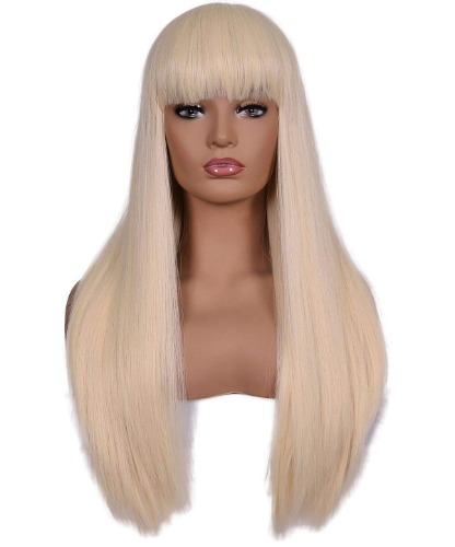 Morvally Women's 26 inches Long Straight Blonde Synthetic Resistant Hair Wigs with Bangs Natural Looking Wig for Women Halloween Cosplay (Blonde) - Blonde