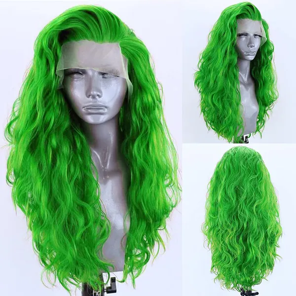 RDY Green Loose Body Wave Lace Front Synthetic Wig Bright Green Long Wavy Heat Resistant Fiber Hair Wigs for Women Half Hand Tied Wig Cosplay Daily Use Hair 24 Inch