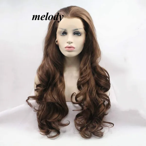 Melody Brown Wigs Long Wavy Wigs Synthetic Brown Lace Front Wigs Heat Resistant Fiber Hair Wig Natural Hairline Wig 6#Color Brown Color 24"