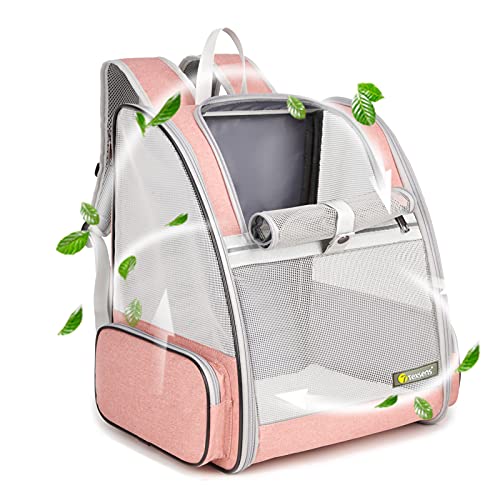 Texsens Pet Backpack Carrier for Small Cats Dogs | Ventilated Design, Safety Straps, Buckle Support, Collapsible | Designed for Travel, Hiking & Outdoor Use (PVC Mesh, Pink) - Pink