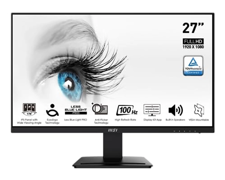MSI Pro MP273A, 27" Monitor, 1920 x 1080 (FHD), IPS, 100Hz, TUV Certified Eyesight Protection, 4ms, Displayport, HDMI, Tilt, Black