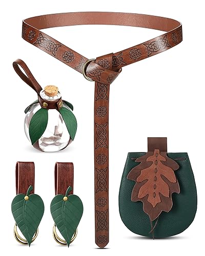 Twistover 6 Pcs Women Renaissance Accessories Leaf Belt Bag Medieval Viking Belt Potion Bottles Leather Belt Skirt Hikes - Green, Green - Classic