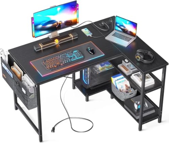 ODK 40 Inch Small L Shaped Gaming Computer Desk with Power Outlets, Reversible Storage Shelves & PC Stand for Home Office, Simple Writing Study Table with Storage Bag for Small Space, Black - Black - 40 inch