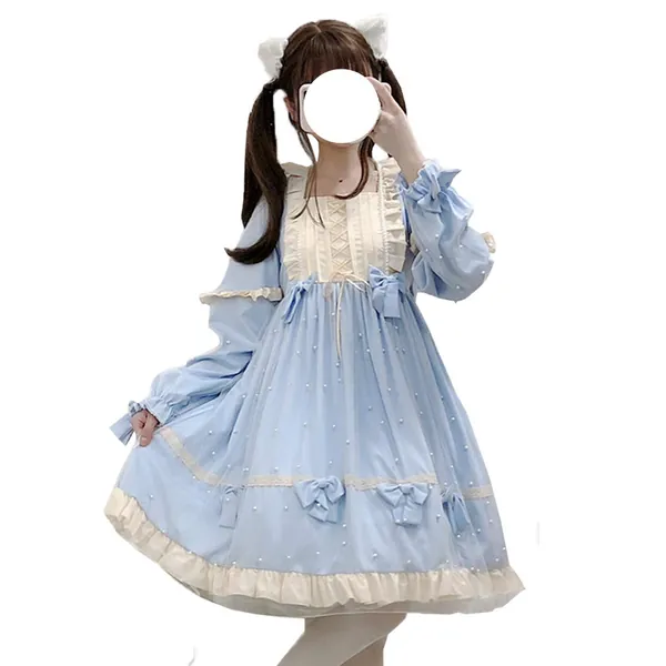 Packitcute Lolita Cute Dresses for Teens Japanese Style Sweet High Waist Long Sleeve Dress - Blue