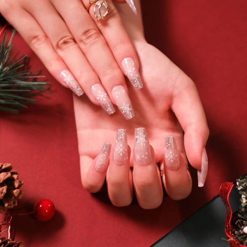 24-PCS Christmas Press on Nails Medium Fake Nails Snowflake Pattern False Nails Silver Glitter Fake Nails Glossy False Nails Full Cover Acrylic Nails for Women & Girls