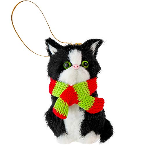 Ornativity Christmas Mini Cat Ornament - Furry Black Kitty Kitten with Scarf Xmas Holiday Tree Hanging Decoration 3"