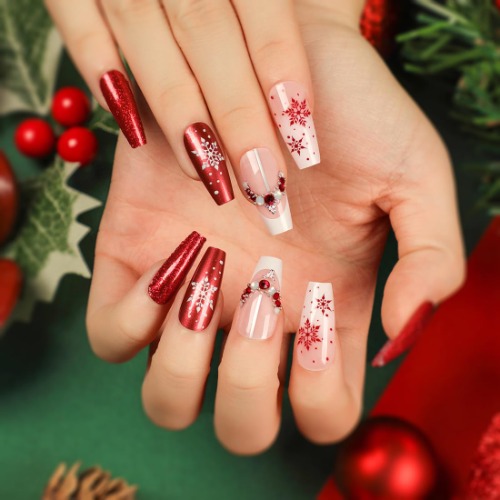 24 Pcs Christmas Press on Nails Medium Length with Snowflakes and Bling Rhinestone Decorate Designs Ballet Fake False Nails Art for Women and Girls Stick on Nails - Bright red