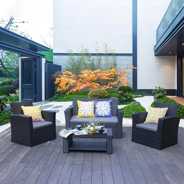 Baner Garden 4 Pieces Outdoor Furniture Complete Patio Cushion Wicker P.E Rattan Garden Set, Full, Black