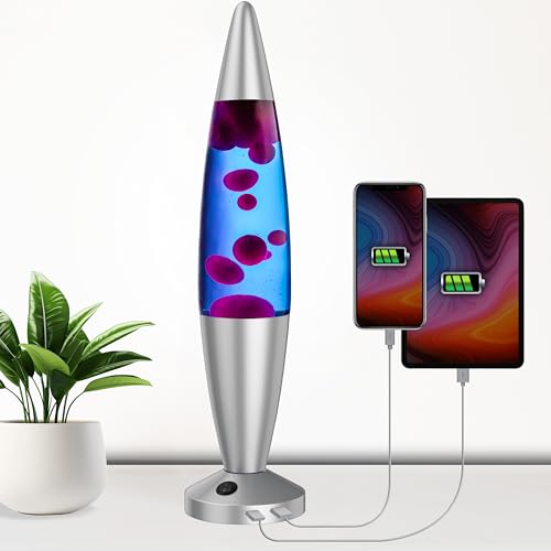 JAMBO USB Liquid Motion Lamp, Mood Lamp, Home Decor, Living Room Lamp, Calming Motion Light, Relaxing Night Light, Nightlight, 16" with USB Ports (Silver Base, Blue Liquid, Purple Wax) - 16", With USB Ports - Silver Base, Blue Liquid, Purple Wax